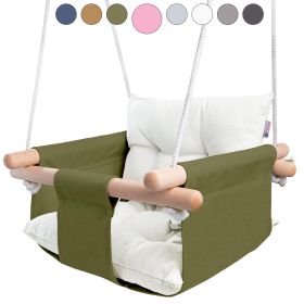 Canvas Baby Swing Wooden Hanging Swing Seat Chair with Safety Belt Durable Baby Swing Chair Outdoor and Indoor Swing for Kids Mounting Hardware I